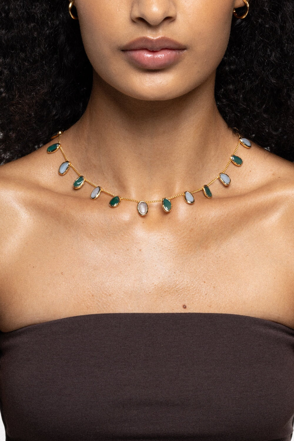 Aquamarine and Jade Mini Crystal Chain Necklace in Gold