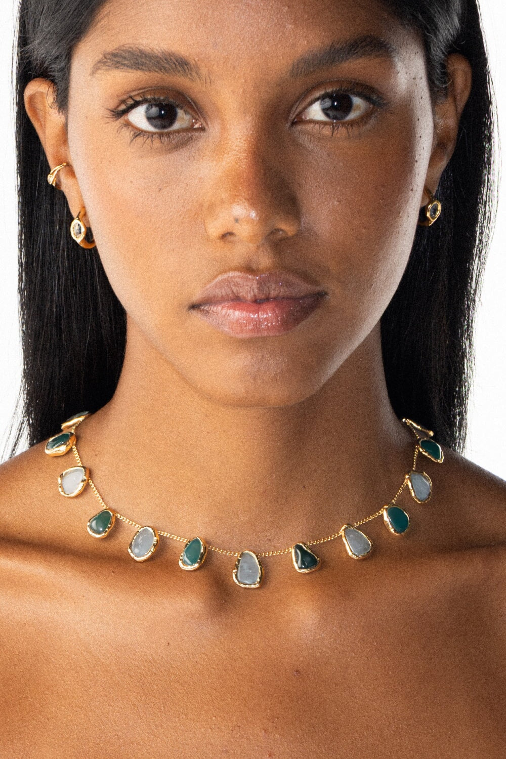 Aquamarine and Jade Mini Crystal Chain Necklace in Gold