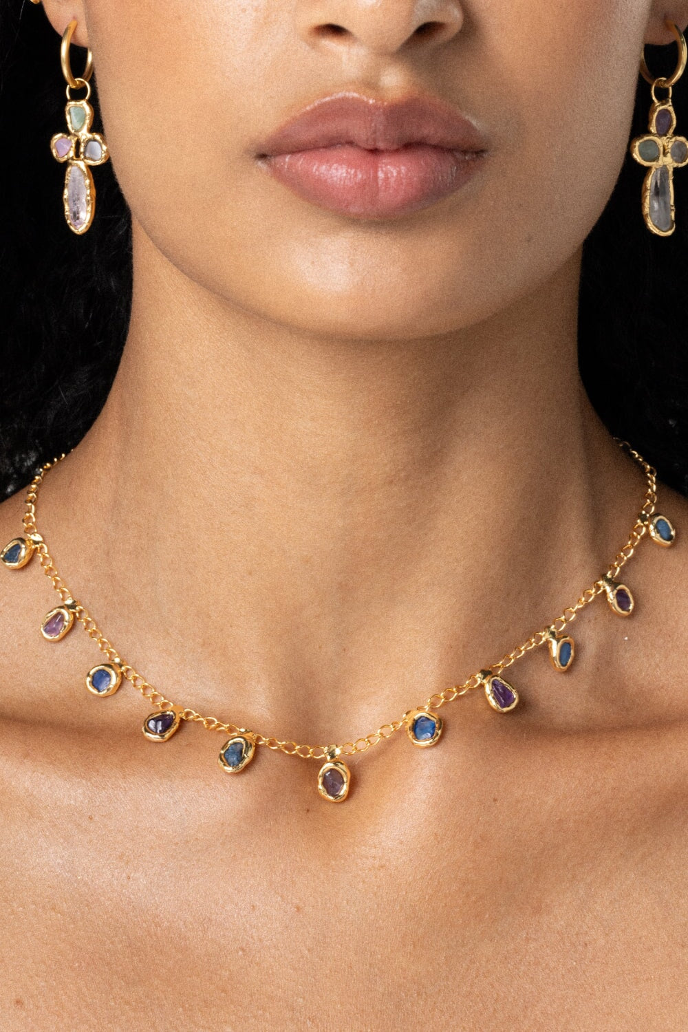 Blue and Purple Agate Necklace in Gold