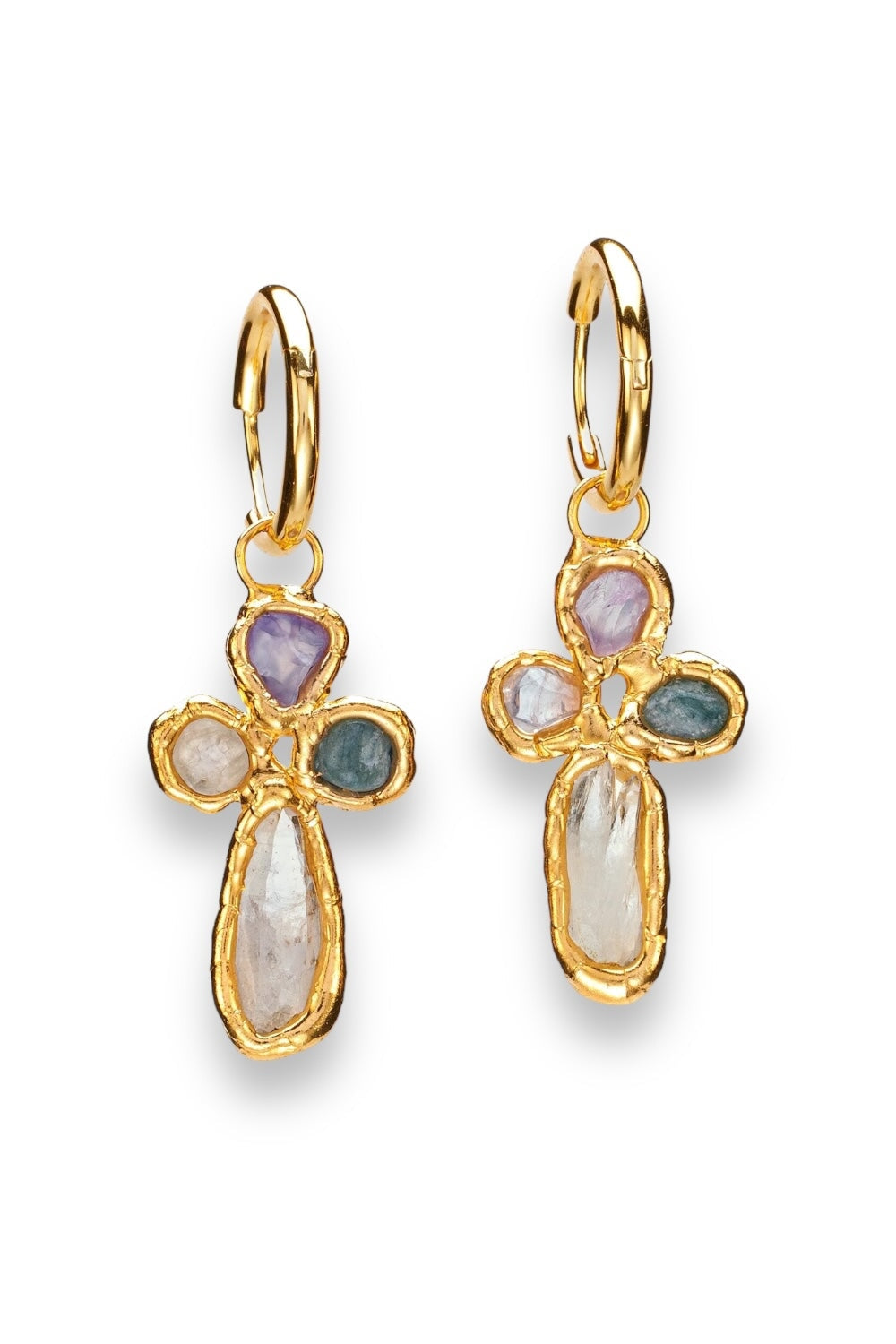 Gemstone Cross Hoops in Gold