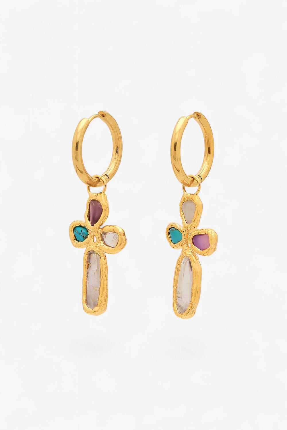 Gemstone Cross Hoops in Gold
