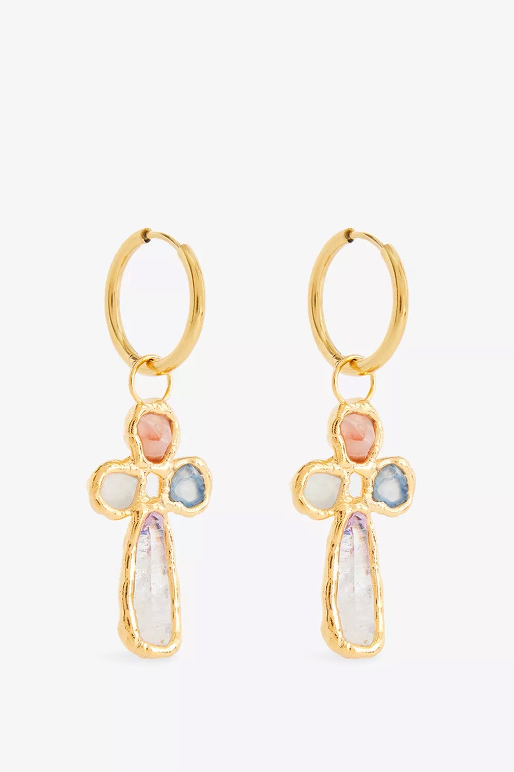 Rainbow Cross Hoops in Gold
