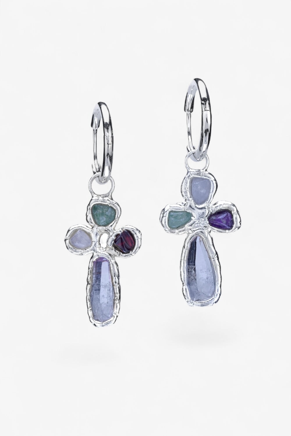 Gemstone Cross Hoops in Silver