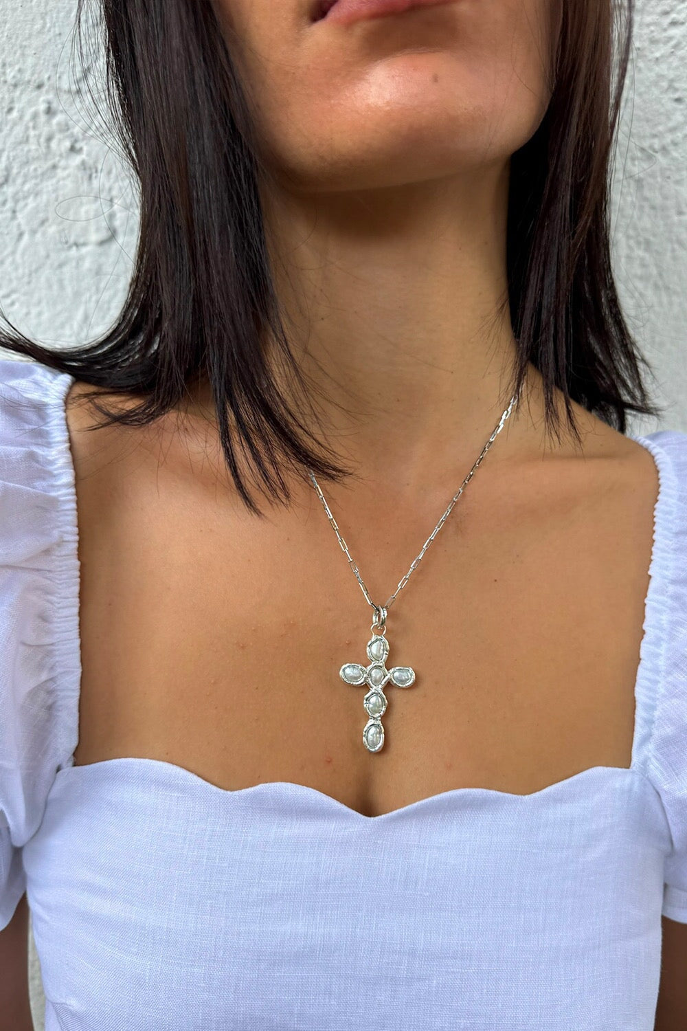 Pearl Cross Charm in Silver