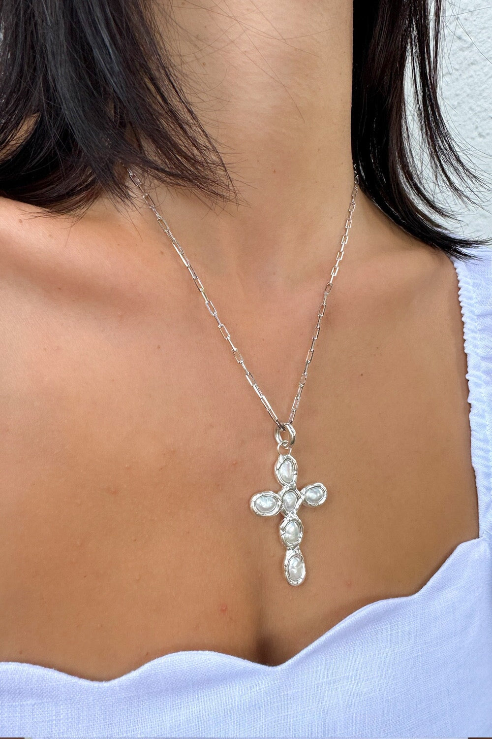 Pearl Cross Charm in Silver