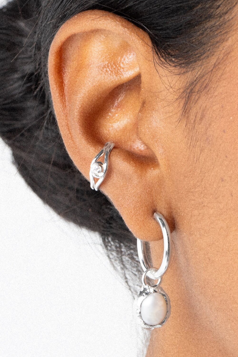 Pearl Charm Hoops in Silver