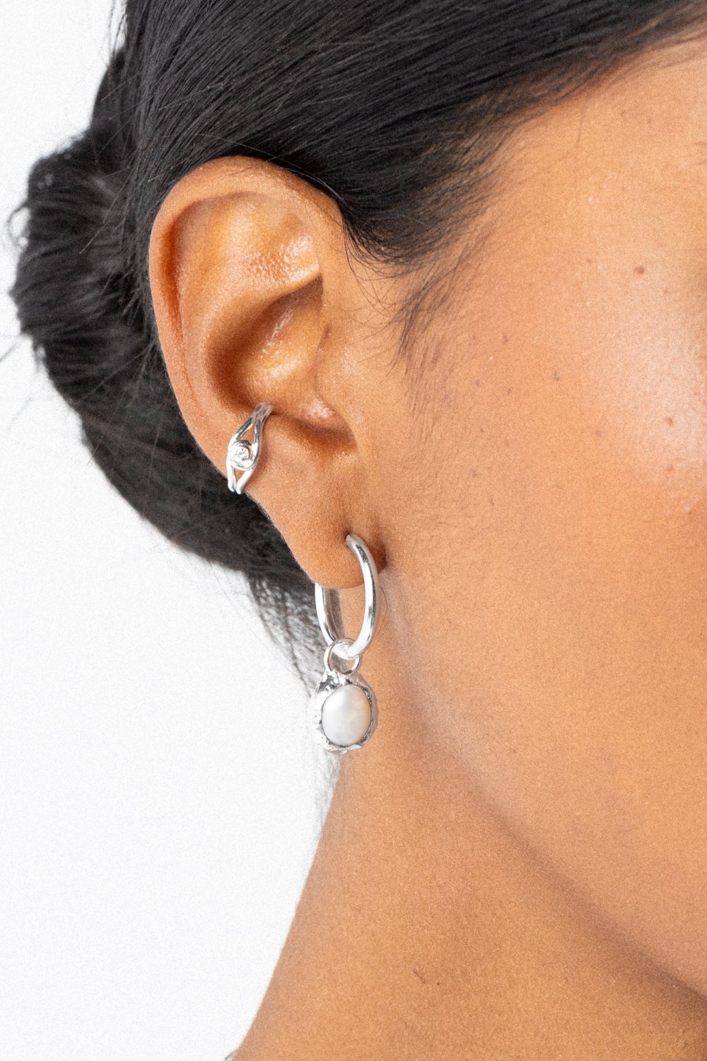 Pearl Charm Hoops in Silver