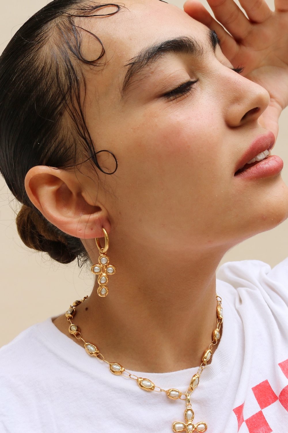 Pearl Cross Hoops in Gold