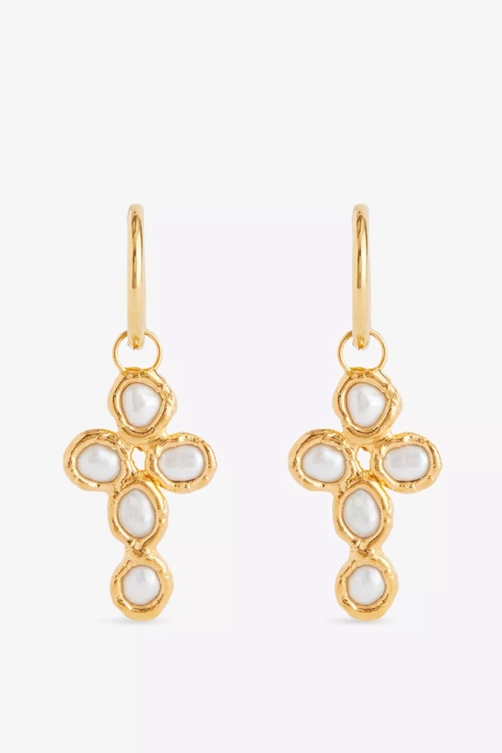 Pearl Cross Hoops in Gold