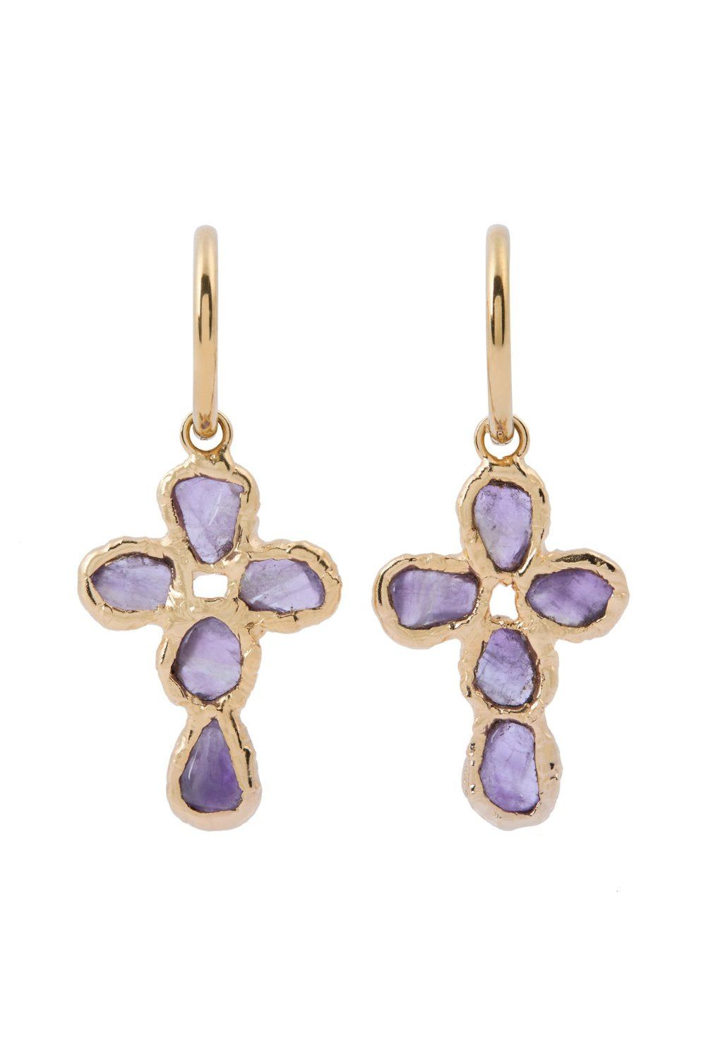 Pequeña Amethyst Cross Hoops in Gold
