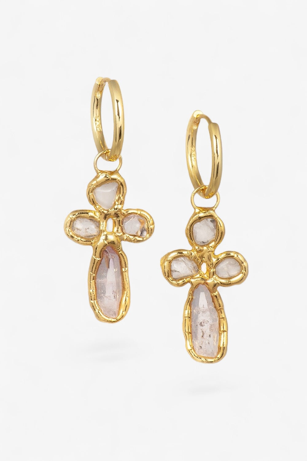 Quartz Cross Hoops in Gold