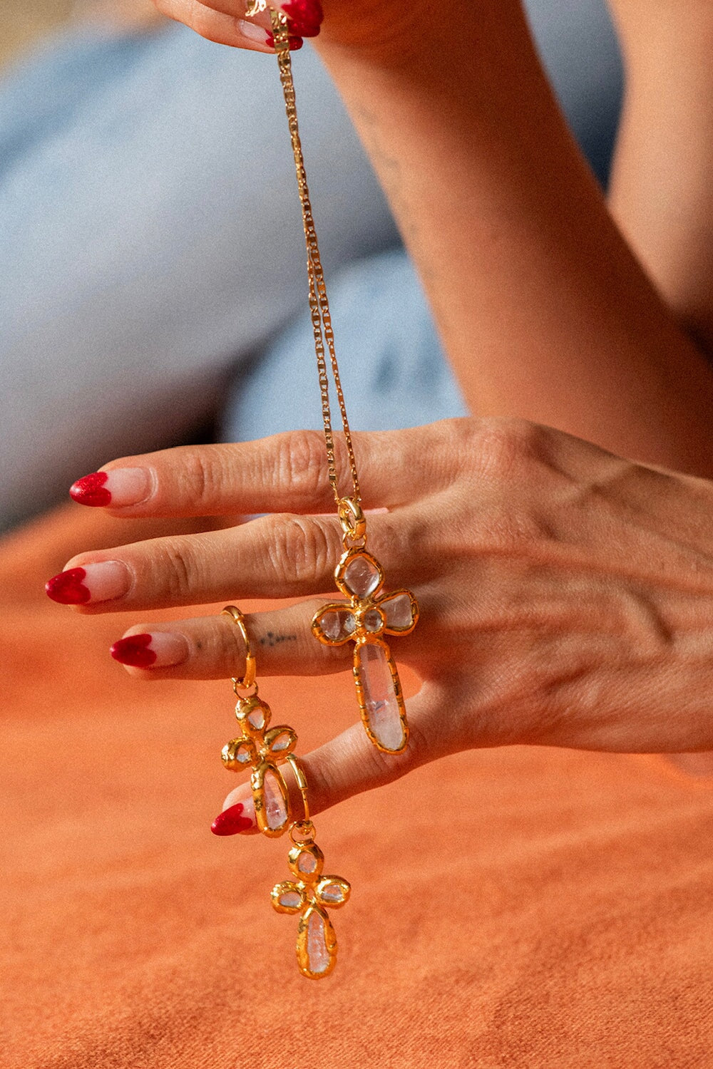 Quartz Cross Hoops in Gold