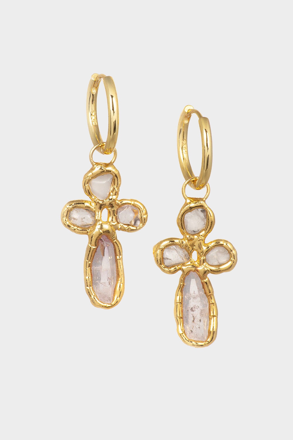 Quartz Cross Hoops in Gold