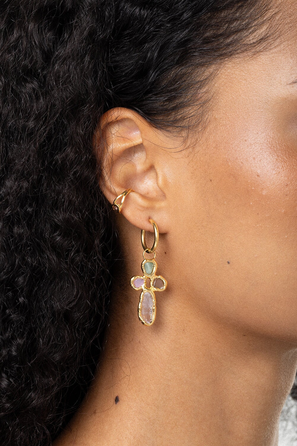 Rainbow Cross Hoops in Gold