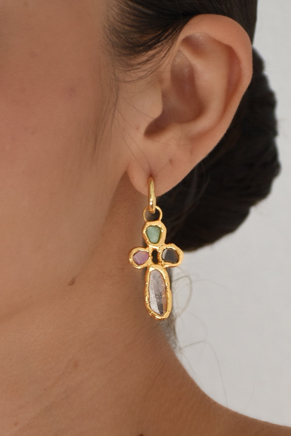 Rainbow Cross Hoops in Gold