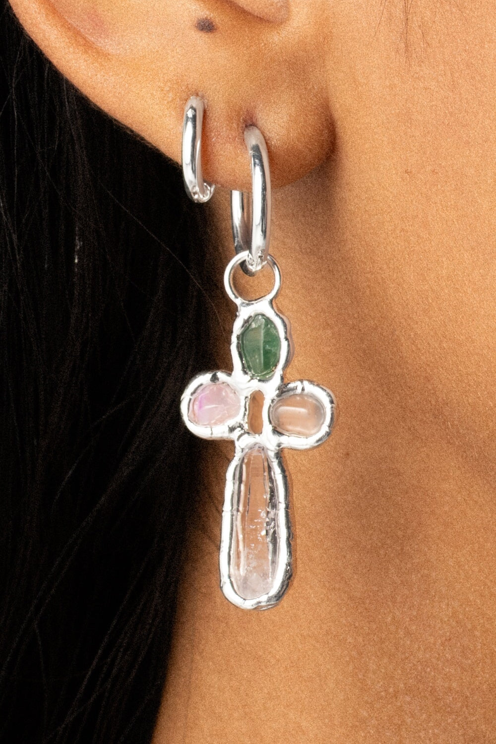 Rainbow Cross Hoops in Silver