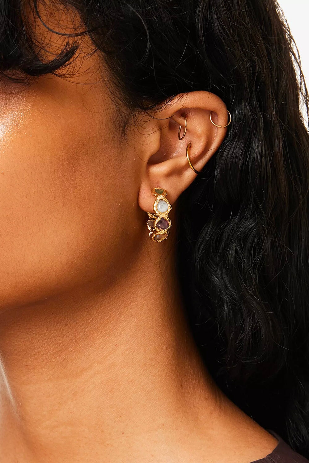 Rainbow Gemstone Hoops in Gold