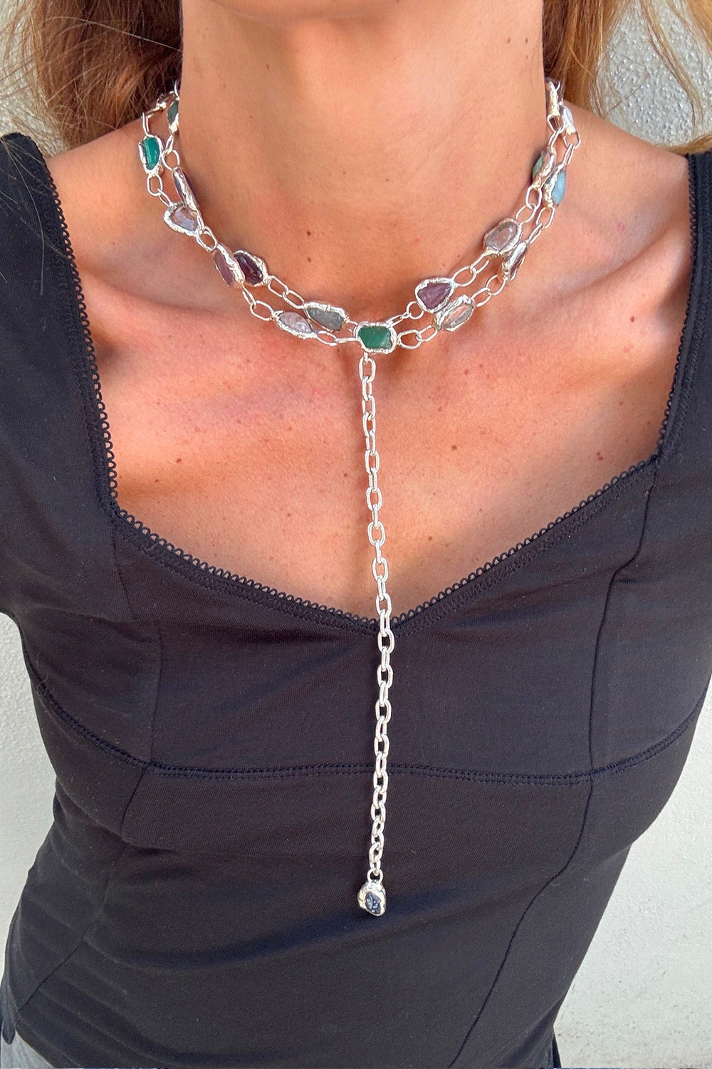 Rainbow Long Necklace & Body Chain in Silver