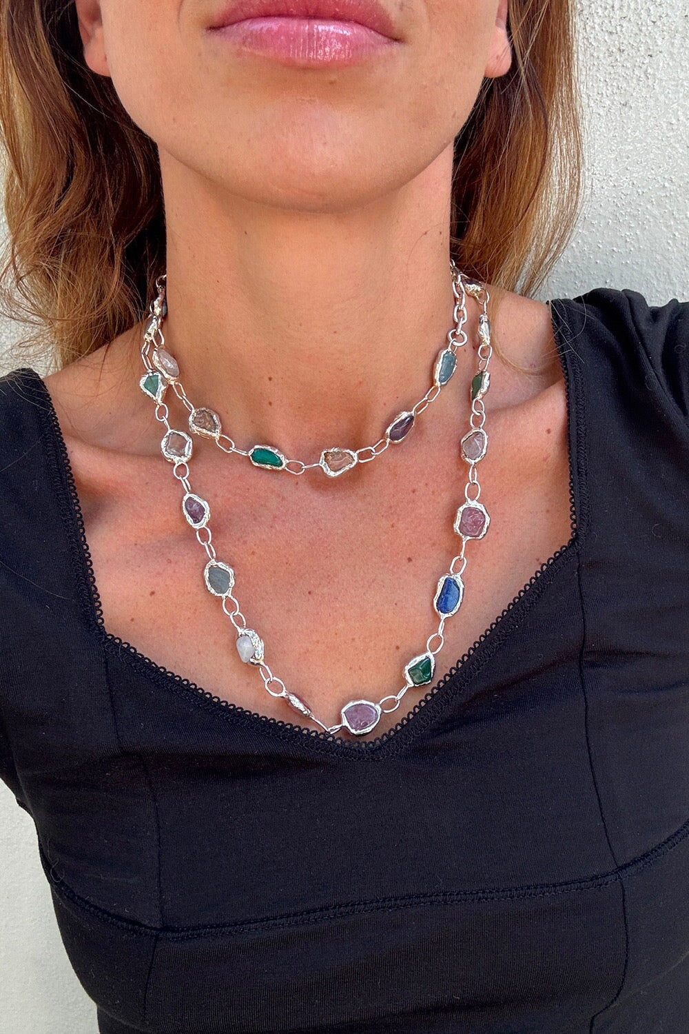 Rainbow Long Necklace & Body Chain in Silver