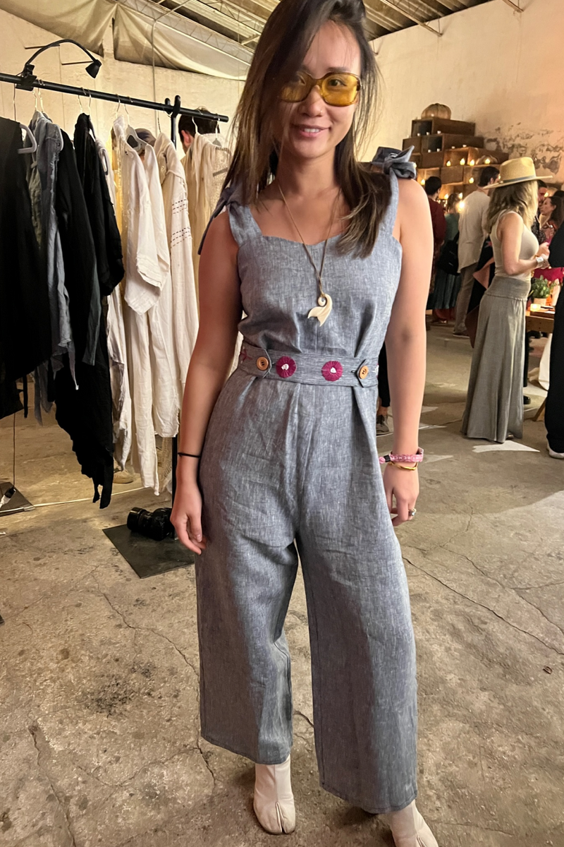 Shadow Blue Embroidered Linen Jumpsuit (UK8) - Tea & Tequila