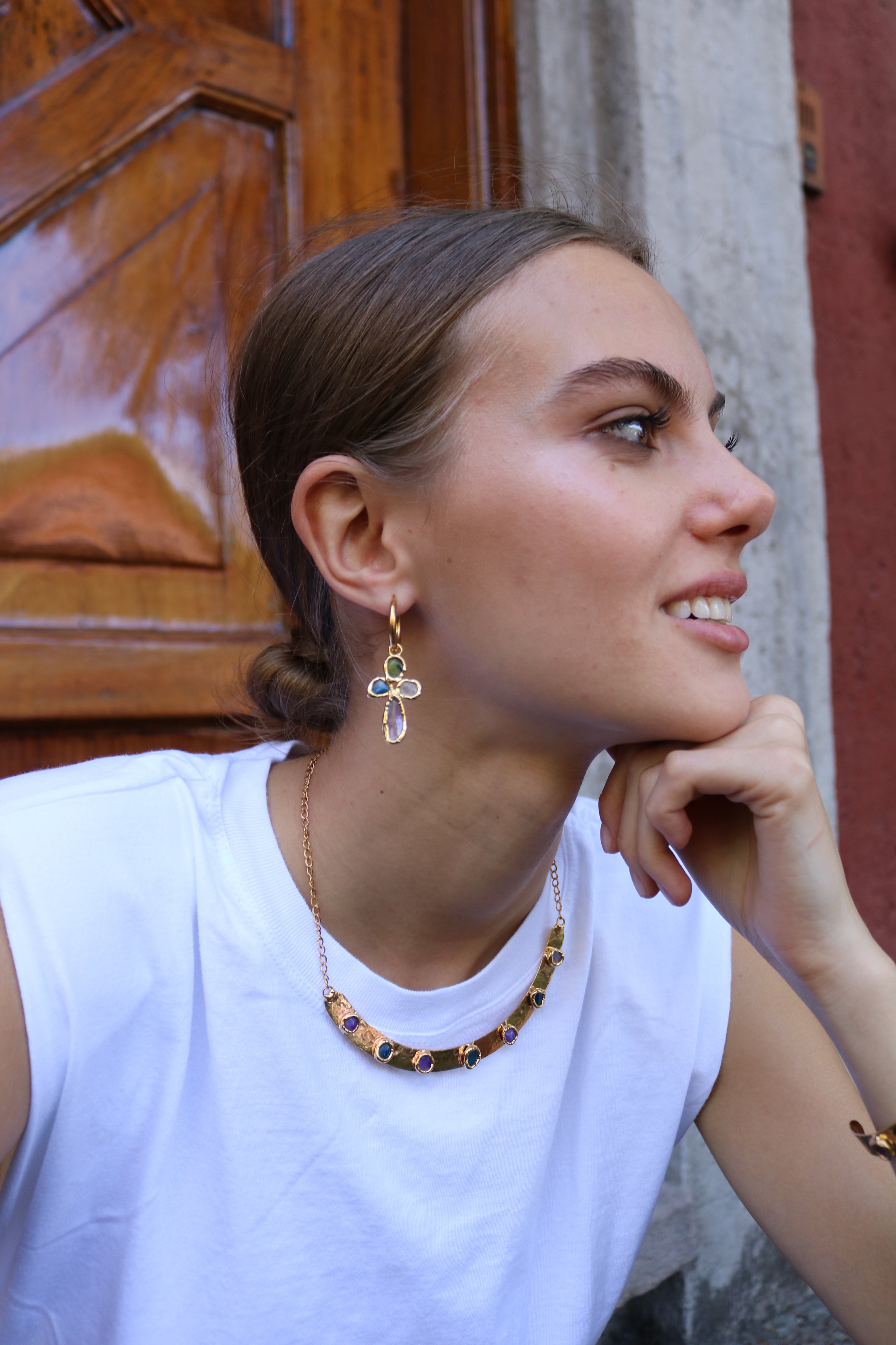Gemstone Cross Hoops in Gold