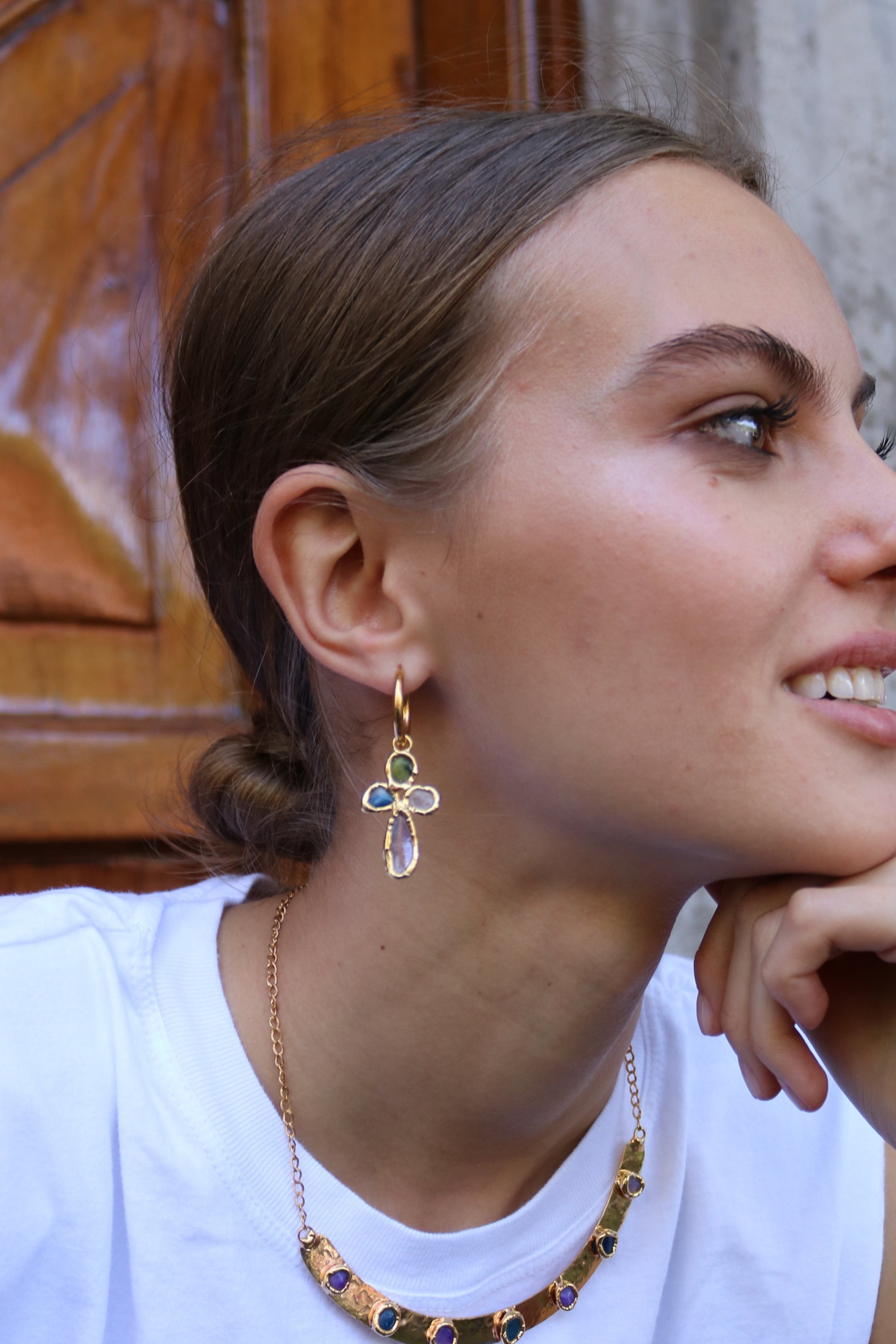 Gemstone Cross Hoops in Gold