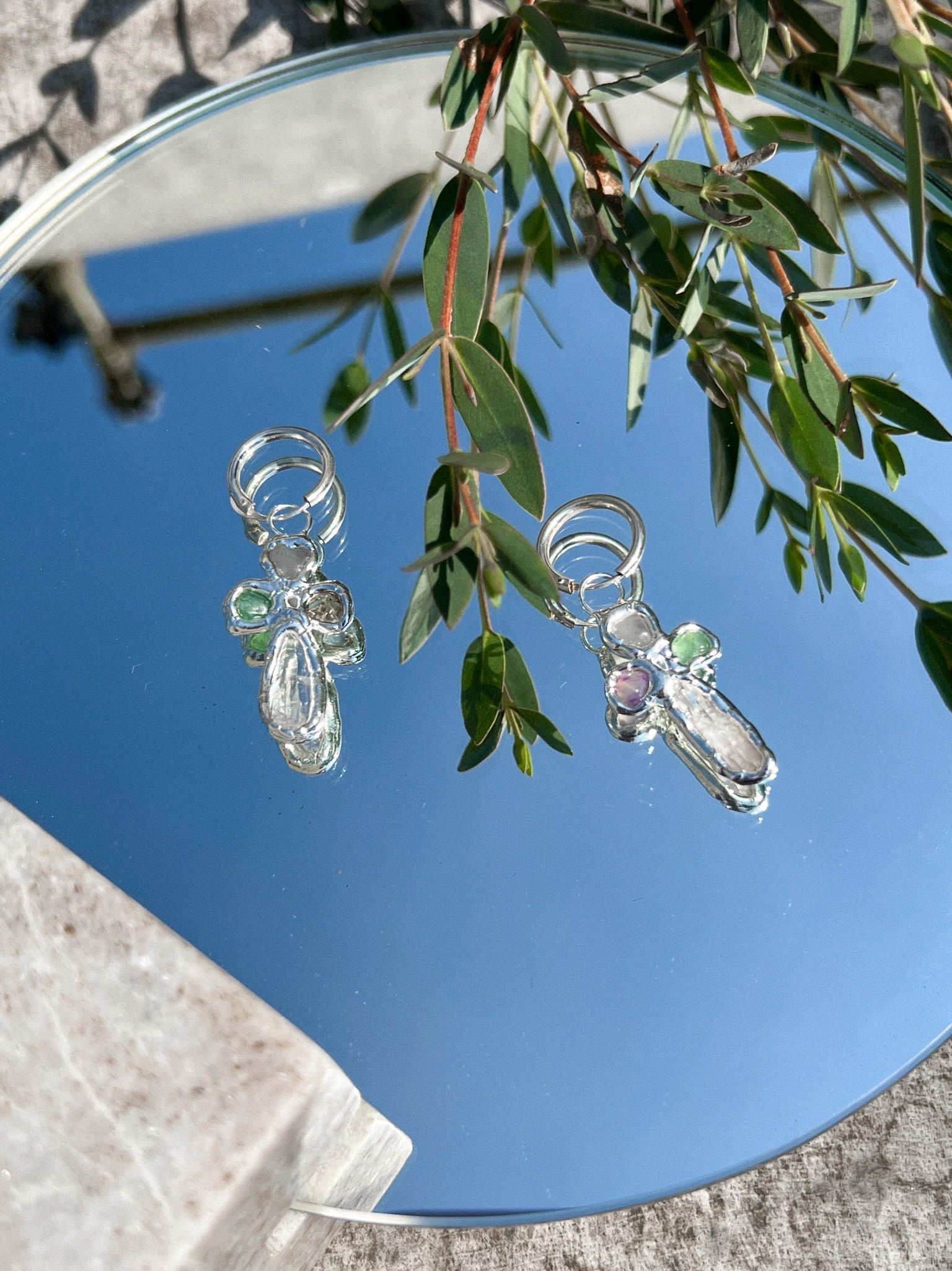 Gemstone Cross Hoops in Silver