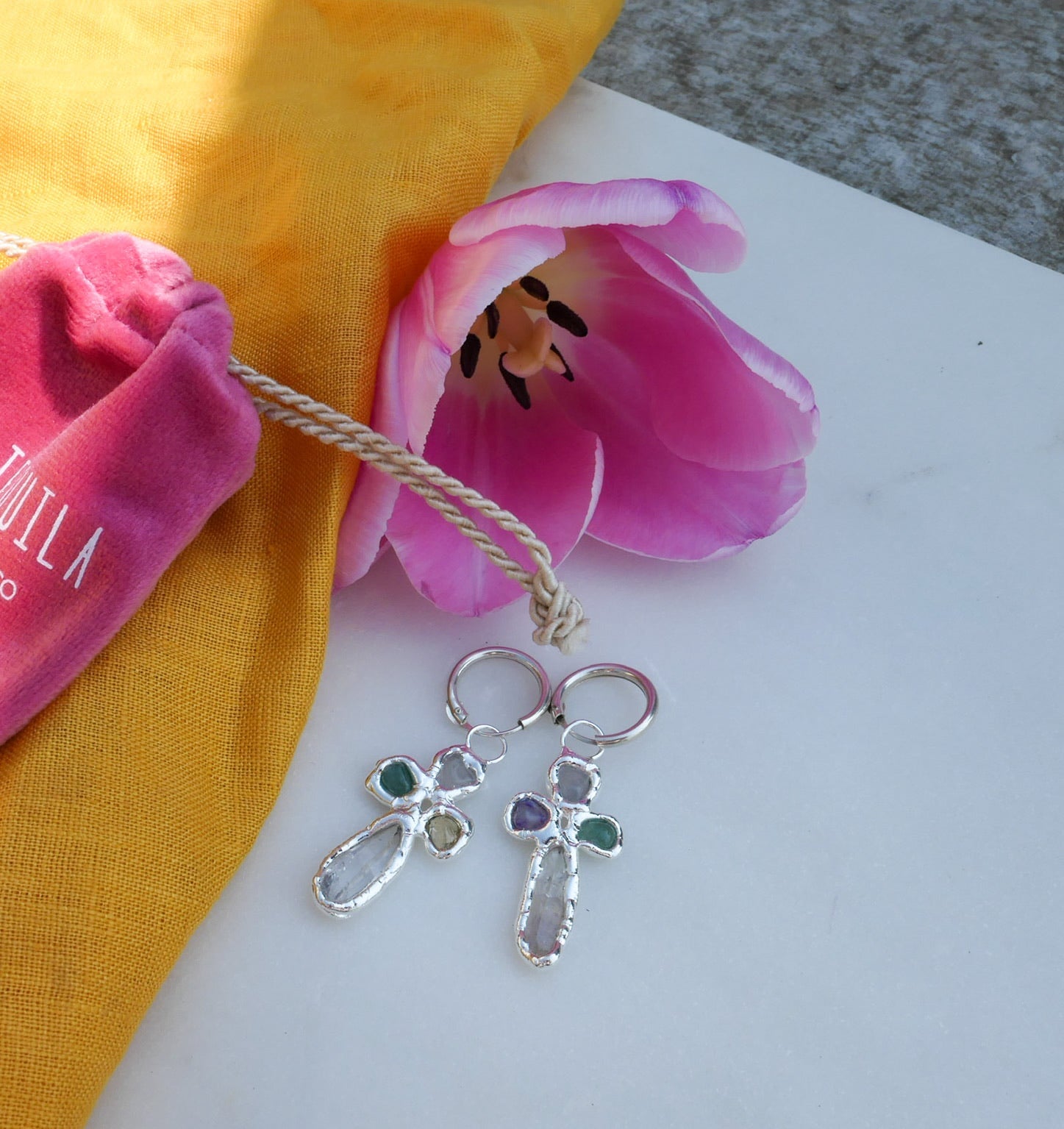 Gemstone Cross Hoops in Silver